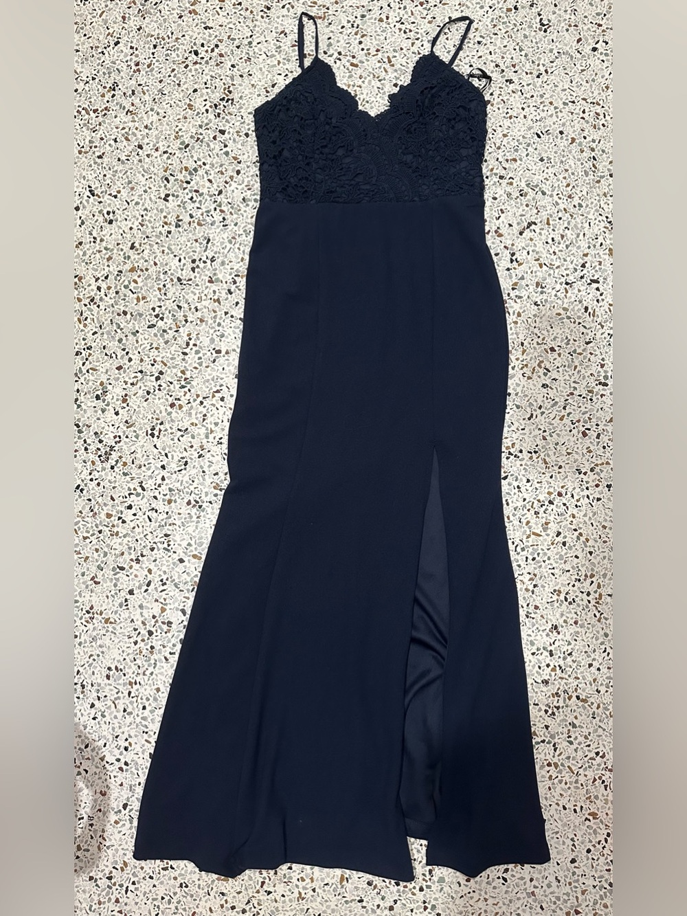 Lulu's Navy Lace-Top Maxi Dress with Front Slit